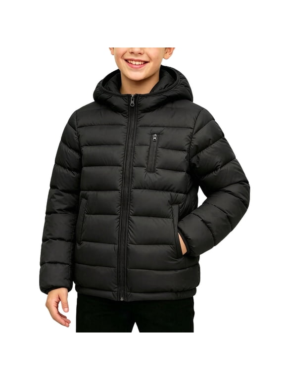 Boys Hooded Puffer Jacket, Zip‑Up Quilted Padded Coat with Chest Zipper Pocket & Side Hand Pockets for Kids Size 9-17 Years