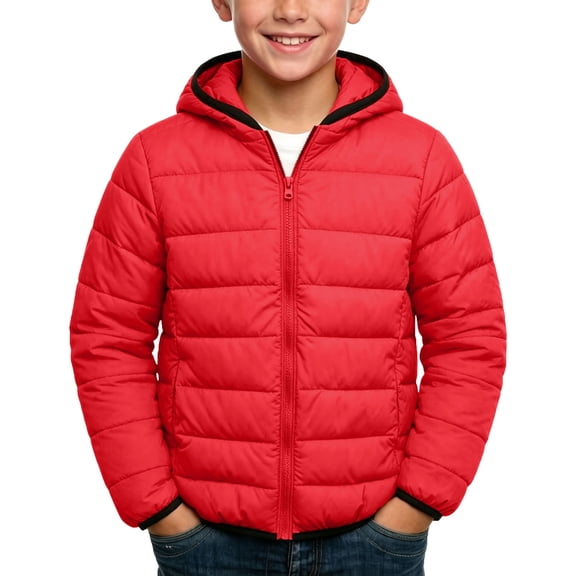 Yotami Boys Lightweight Hooded Puffer Coat, Zip‑Up Quilted Padded Winter Jacket with Contrast Hood Trim for Girls Boys Size 1-12 Years
