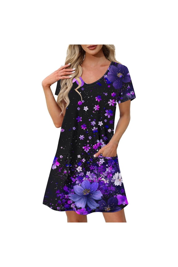 Breathable Dress for Women with Pocket V-Neck Short Sleeve Midi Dress Summer Boho Floral Print Dress for Vacation