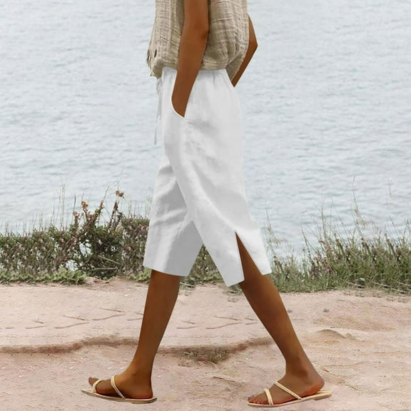 Yotami Breathable Shorts for Women Loose Straight Leg Side Slit Drawstring Shorts with Pocket Summer High Waisted Cotton Linen Bermuda Shorts for Daily