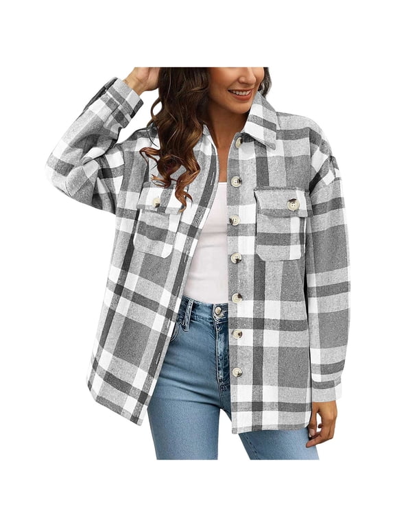 Button Down Plaid Shackets for Women Lightweight Outerwear Size S-XXL