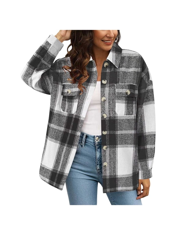 Button Down Plaid Shackets for Women Lightweight Outerwear Size S-XXL