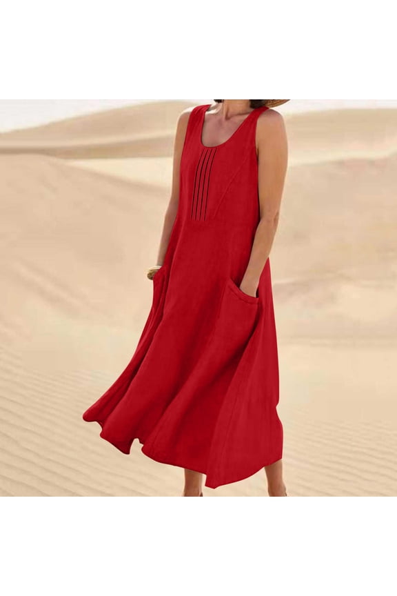 Casual Dresses for Women Summer Sleeveless Round Neck Vacation Maxi Linen Dress with Pocket Solid Color Swing Boho Dresses Red M