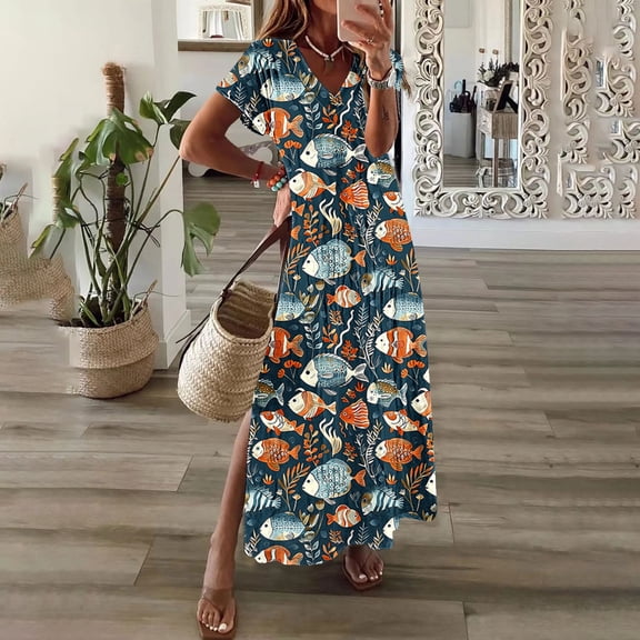 Yotami Casual Plus Size Dress for Women Short Sleeve Side Slit Maxi Dress Floral Print Summer V-Neck Dress for Holiday