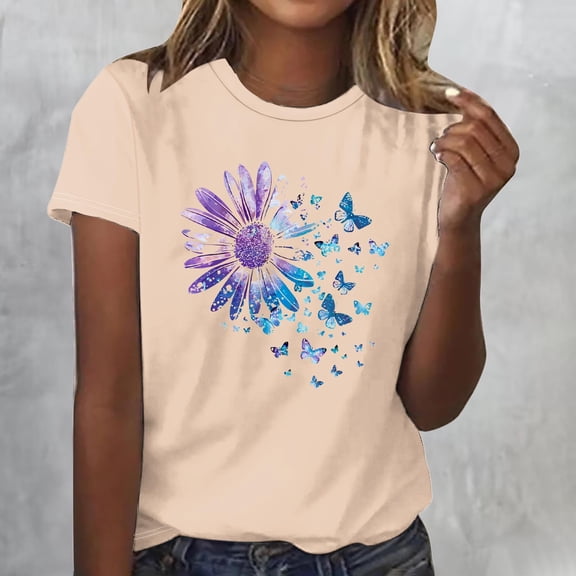 Yotami Casual T-Shirt for Women Floral Print Crew Neck Short Sleeve Summer Tshirt for Everyday Fashion Top Beige M