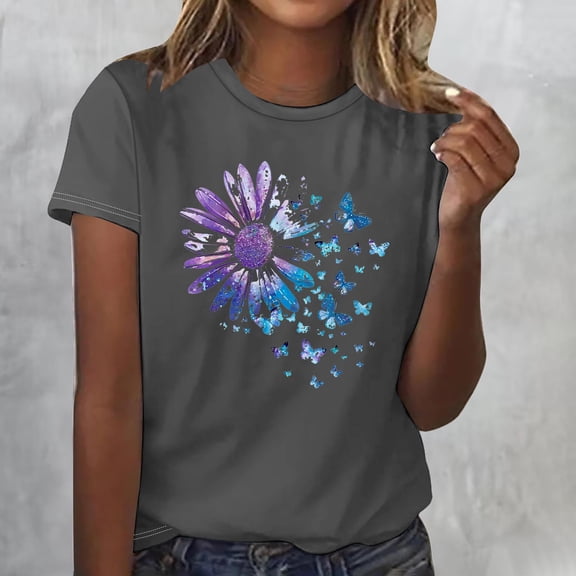 Yotami Casual T-Shirt for Women Floral Print Crew Neck Short Sleeve Summer Tshirt for Everyday Fashion Top Gray M