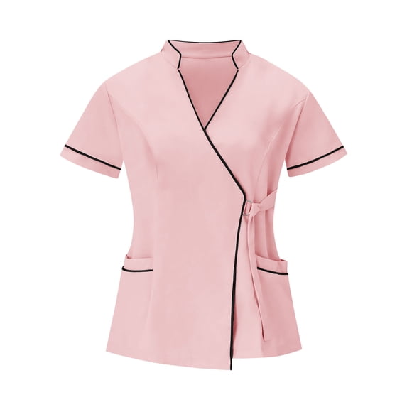 Yotami Comfort Stretch Scrub Tops for Women with Pocket Plus Size Shirt for Hospital Short Sleeve V-Neck Solid Color Tops, Pink, S