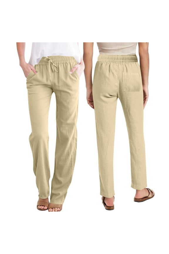 Comfortable Linen Pants for Women with Pocket Wide Leg Solid Color Drawstring Casual Trousers High Waisted Ankle Length Pant for Daily, Beige S