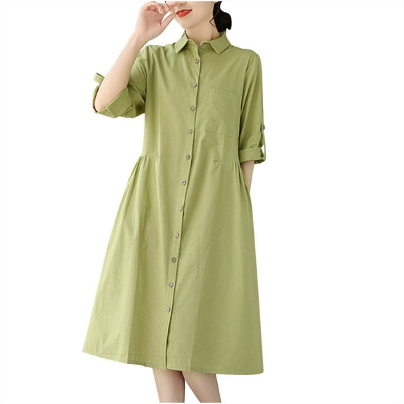 Yotami Cotton Linen Dresses for Women Summer V-Neck 3/4 Sleeve Soft Solid Color Dress for Vacation Midi Dress Green XXL