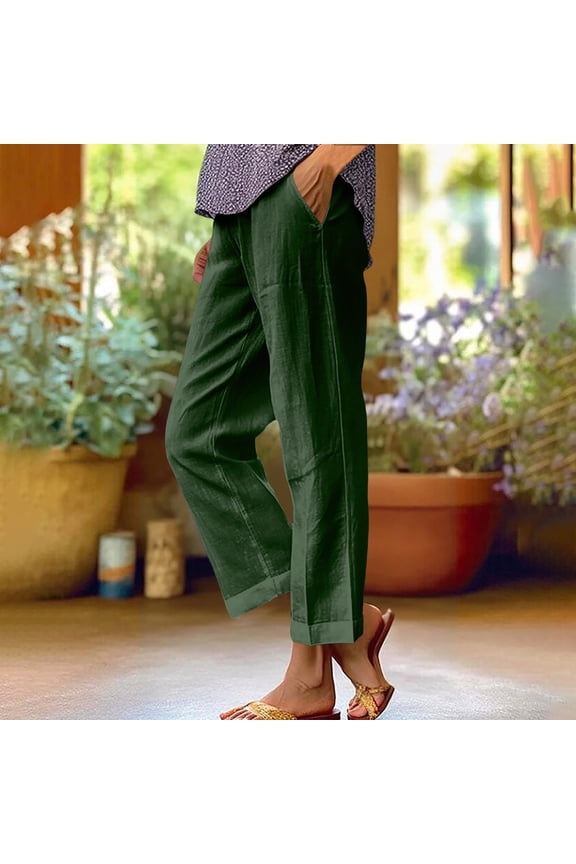 Cotton Linen Pants for Women High Waisted Loose Fitted Trousers with Pocket Wide Leg Solid Color Ankle Length Pant for Summer, Army Green S