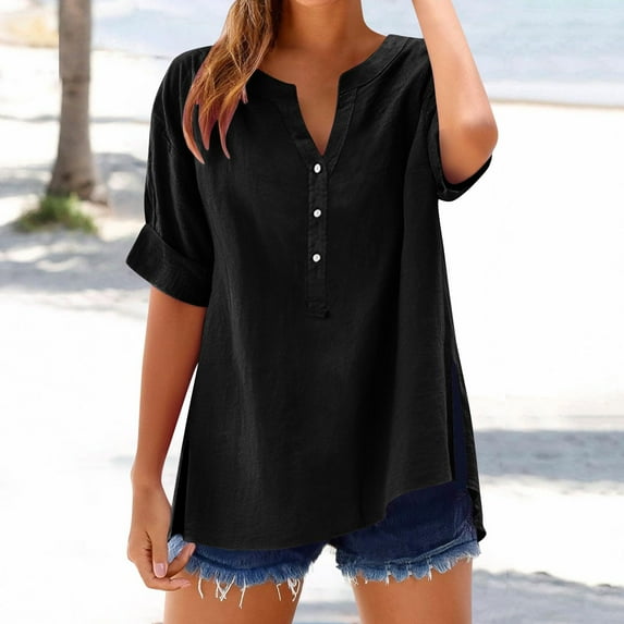 Yotami Cotton Linen Tops for Women Plus Size Button V-Neck Shirt for Summer Casual, Short Sleeve Workout Blouse Black