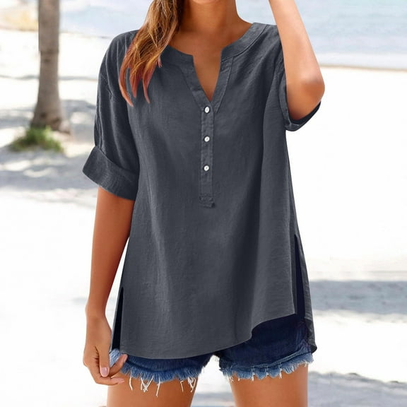Yotami Cotton Linen Tops for Women Plus Size Button V-Neck Shirt for Summer Casual, Short Sleeve Workout Blouse Gray