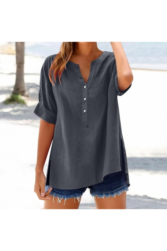 Cotton Linen Tops for Women Plus Size Button V-Neck Shirt for Summer Casual, Short Sleeve Workout Blouse Gray