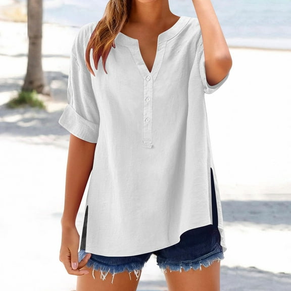 Yotami Cotton Linen Tops for Women Plus Size Button V-Neck Shirt for Summer Casual, Short Sleeve Workout Blouse White