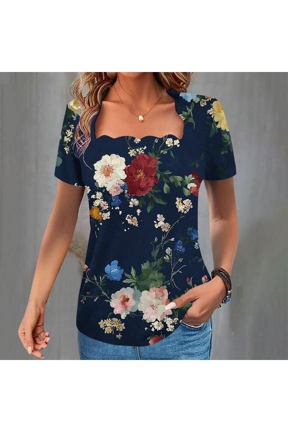 Crew Neck T-Shirt for Women Floral Print Summer Blouse for Weekend Short Sleeve Loose Fit Top Navy S