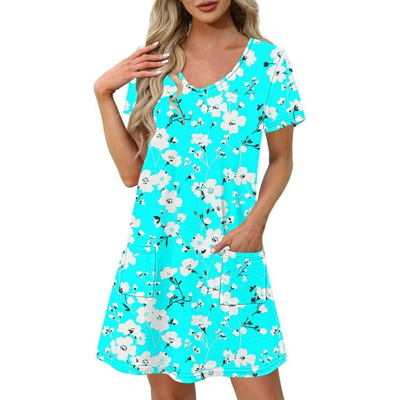 Yotami Dress for Women V-Neck Boho Summer Midi Dress with Pocket Short Sleeve Floral Print Dress for Vacation