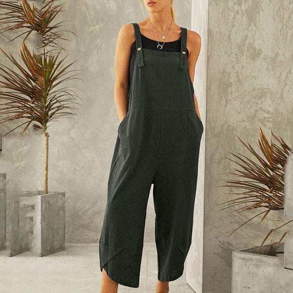 Yotami Dressy Jumpsuits for Women Summer Plus Size Cotton Linen Rompers for Weekend Loose Fit Sleeveless Wide Leg Solid Color Lightweight Suspender Jumpsuits with Pocket, Green, XXL