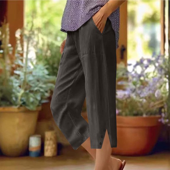 Yotami Elastic Waist Cropped Pants Women with Pocket Cotton Linen Loose Capri Pants Straight Leg Solid Color Casual Capris, Dark Gray M
