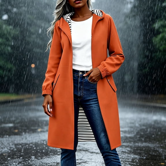 Yotami Fall Hiking Jacket Women Long Hooded Raincoats Waterproof Windbreaker for Outdoor, Lightweight Solid Trench Coats with Elastic Cuffs, Full Zip, Pocket