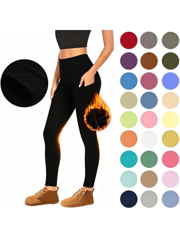 Fleece Lined Leggings for Women with Pocket, Winter Thermal High Waisted Tummy Control Workout Yoga Pants for Running, Fitness, Sports, Athletic