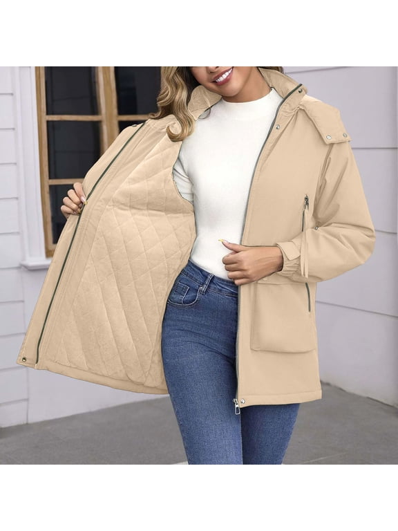 Fleece Lined Outerwear Coats Women Lightweight Fall Winter Warm Jacket with Detachable Hood, Pocket, Zip Up, Adjustable Cuff, Windproof Solid Casual Coat,Sizes S-XXXL