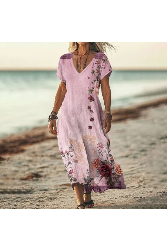 Floral Print Dress for Women V-Neck Long Dress Boho Summer Short Sleeve Loose Flowy Dress for Daily
