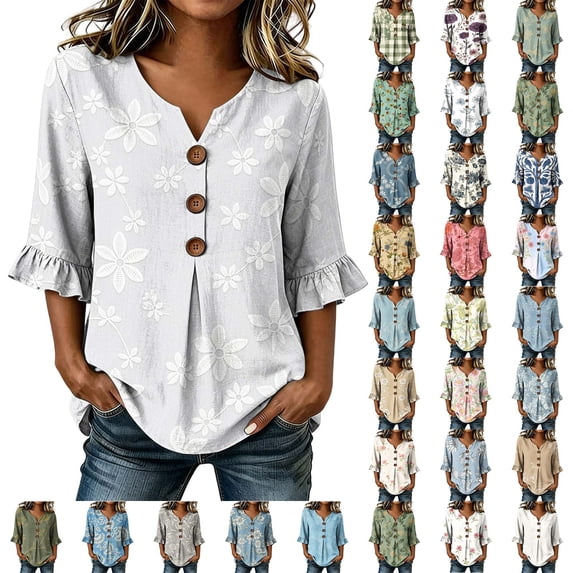 Yotami Womens Tops and Blouses for Dressy Casual, Summer Floral Print Loose Fit Top with Ornamental Button, Ruffle Sleeve V-Neck Shirts, Size S-XXXL