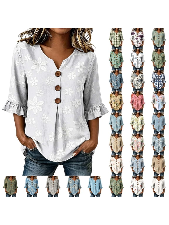 Womens Tops and Blouses for Dressy Casual, Summer Floral Print Loose Fit Top with Ornamental Button, Ruffle Sleeve V-Neck Shirts, Size S-XXXL