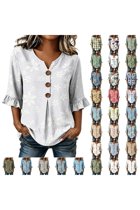 Womens Tops and Blouses for Dressy Casual, Summer Floral Print Loose Fit Top with Ornamental Button, Ruffle Sleeve V-Neck Shirts, Size S-XXXL