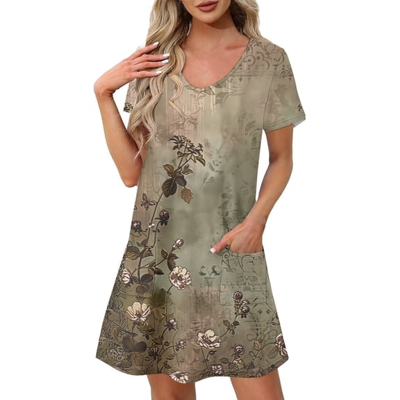 Yotami Floral Summer Dress for Women Short Sleeve V-Neck Midi Dress with Pocket Boho Dress for Beach