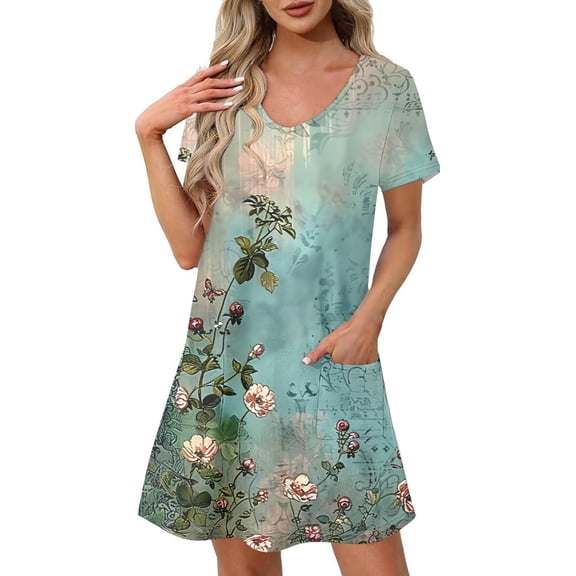 Yotami Floral Summer Dress for Women Short Sleeve V-Neck Midi Dress with Pocket Boho Dress for Beach