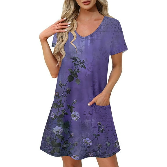 Yotami Floral Summer Dress for Women Short Sleeve V-Neck Midi Dress with Pocket Boho Dress for Beach