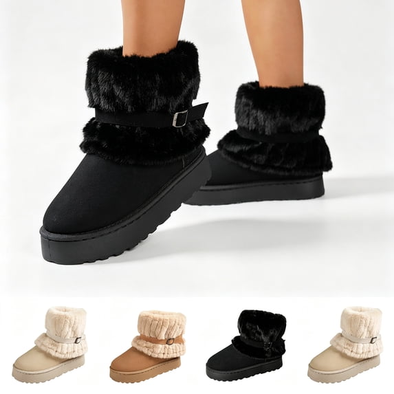 Yotami Furry Winter Boots for Women with Buckle, Non-Slip Comfortable Ankle Booties for Outdoor, Cold Weather, Thick Sole Snow Boots