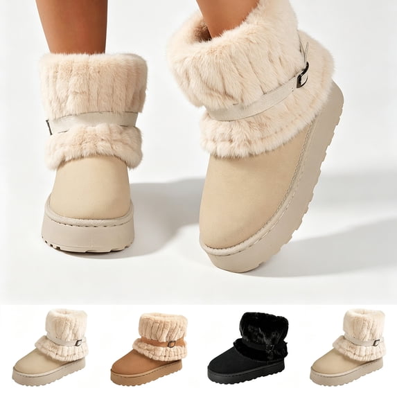 Yotami Furry Winter Boots for Women with Buckle, Non-Slip Comfortable Ankle Booties for Outdoor, Cold Weather, Thick Sole Snow Boots