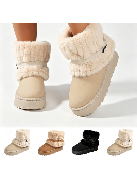 Furry Winter Boots for Women with Buckle, Non-Slip Comfortable Ankle Booties