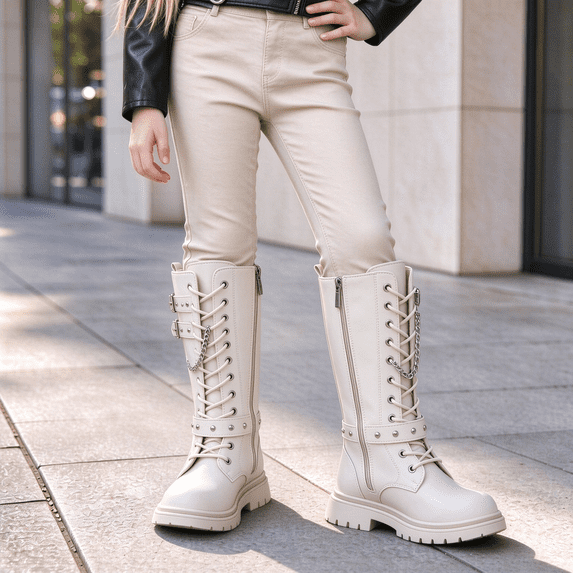 Yotami Girl Mid Calf Boots, Little Girls Fashion Riding Boots with Metal Studs and Chains Lace-Up Side Zipper