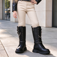 thumbnail image 1 of Yotami Girl Mid Calf Boots, Little Girls Fashion Riding Boots with Metal Studs and Chains Lace-Up Side Zipper, 1 of 5