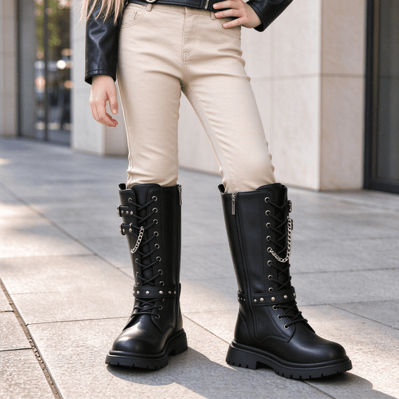 Yotami Girl Mid Calf Boots, Little Girls Fashion Riding Boots with Metal Studs and Chains Lace-Up Side Zipper