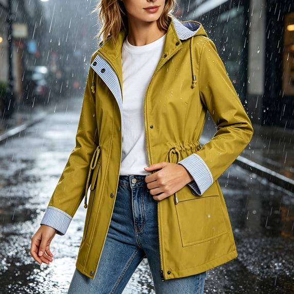 Yotami Hiking Rain Jacket Women Long Hooded Trench Coats with Waist Drawstring, Button Full Zip, Pocket, Waterproof Windbreaker Travel Outdoor Raincoat Fall Clothes Sizes S-XXL