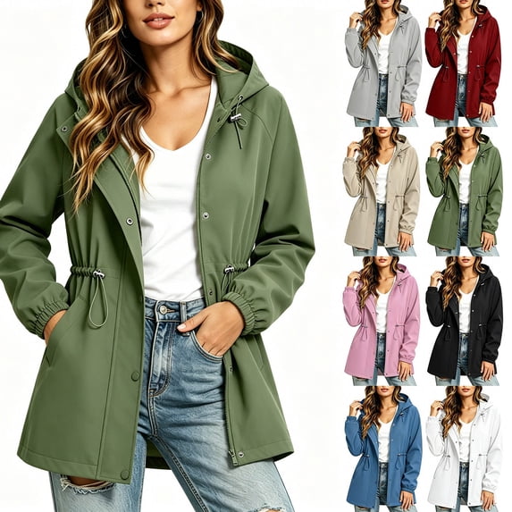 Yotami Hooded Raincoats Women, Waterproof Trench Coats with Drawstring Waist, Full Zip, Elastic Cuff, Lightweight Windbreaker Jackets Fall Fashion Clothes Sizes S-2XL