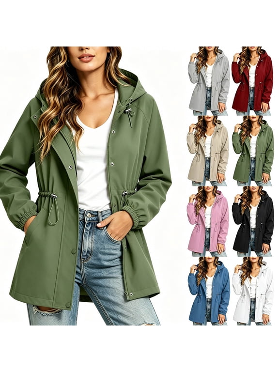 Hooded Raincoats Women, Waterproof Trench Coats with Drawstring Waist, Full Zip, Elastic Cuff, Lightweight Windbreaker Jackets Fall Fashion Clothes Sizes S-2XL