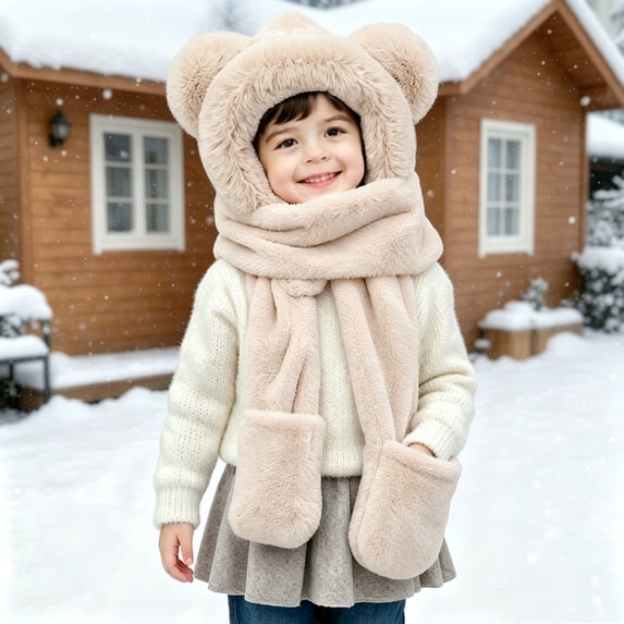 Yotami Kids Hooded Scarf Gloves 3 Pieces Set, Toddler Fuzzy Fleece Bear Ear Warm Winter Hat Scarf Glove Combo for Boys Girls Outdoor Cold Weather