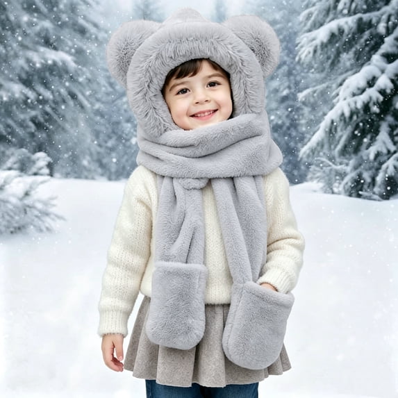 Yotami Kids Hooded Scarf Gloves 3 Pieces Set, Toddler Fuzzy Fleece Bear Ear Warm Winter Hat Scarf Glove Combo for Boys Girls Outdoor Cold Weather