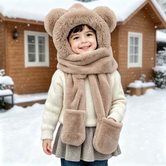 Yotami Kids Hooded Scarf Gloves 3 Pieces Set, Toddler Fuzzy Fleece Bear Ear Warm Winter Hat Scarf Glove Combo for Boys Girls Outdoor Cold Weather