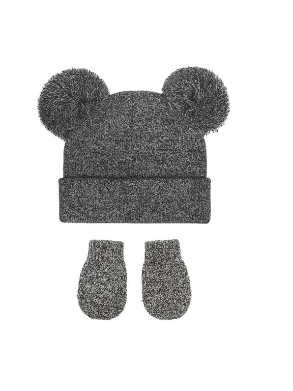 Kids Knit Beanie & Mittens 2‑Piece Set, Double Pom‑Pom Ear Design Hat & Mittens Accessory Kit for Toddler Boys Girls