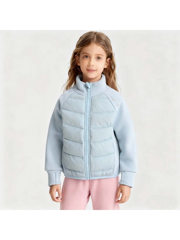 Kids Puffer Jacket, Fleece‑Sleeve Zip‑Up Padded Stand‑Collar Mixed Media Outerwear for Girls Boys, Size 4-15 Years