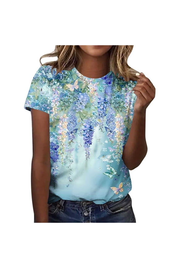 Ladies Plus Size Printed T-Shirt Summer Floral Graphic Tee for Weekend Crewneck Short Sleeve Loose Fit T-Shirt Multicolor XXL