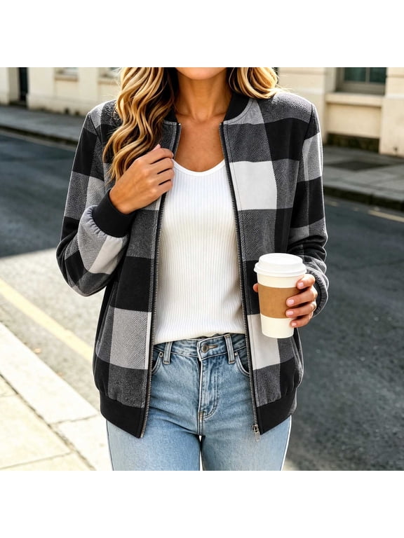 Lightweight Plaid Jackets for Women Coats with Zipper Comfortable Outerwear Size S-XXL