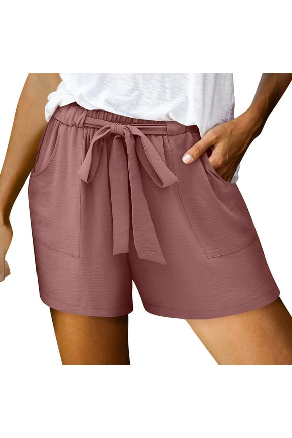 Linen Shorts for Women with Pocket Loose Fit Drawstring Shorts High Waist Summer Straight Leg Bermuda Shorts for Daily
