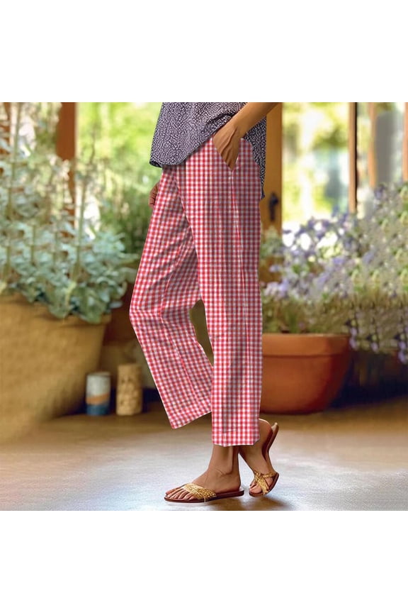 Linen Trousers for Women with Pocket Lightweight Pants High Waisted Straight Leg Solid Color Ankle Length Pant for Travel, Red L